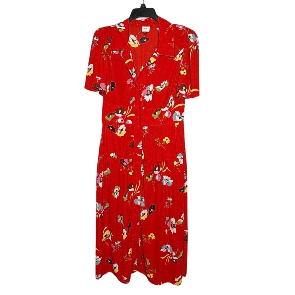 Cabi Afternoon Short Sleeve Red Floral Flowy Button Front Midi Dress Medium